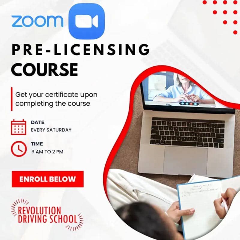 Zoom pre-licensing course flyer from Revolution Driving School.